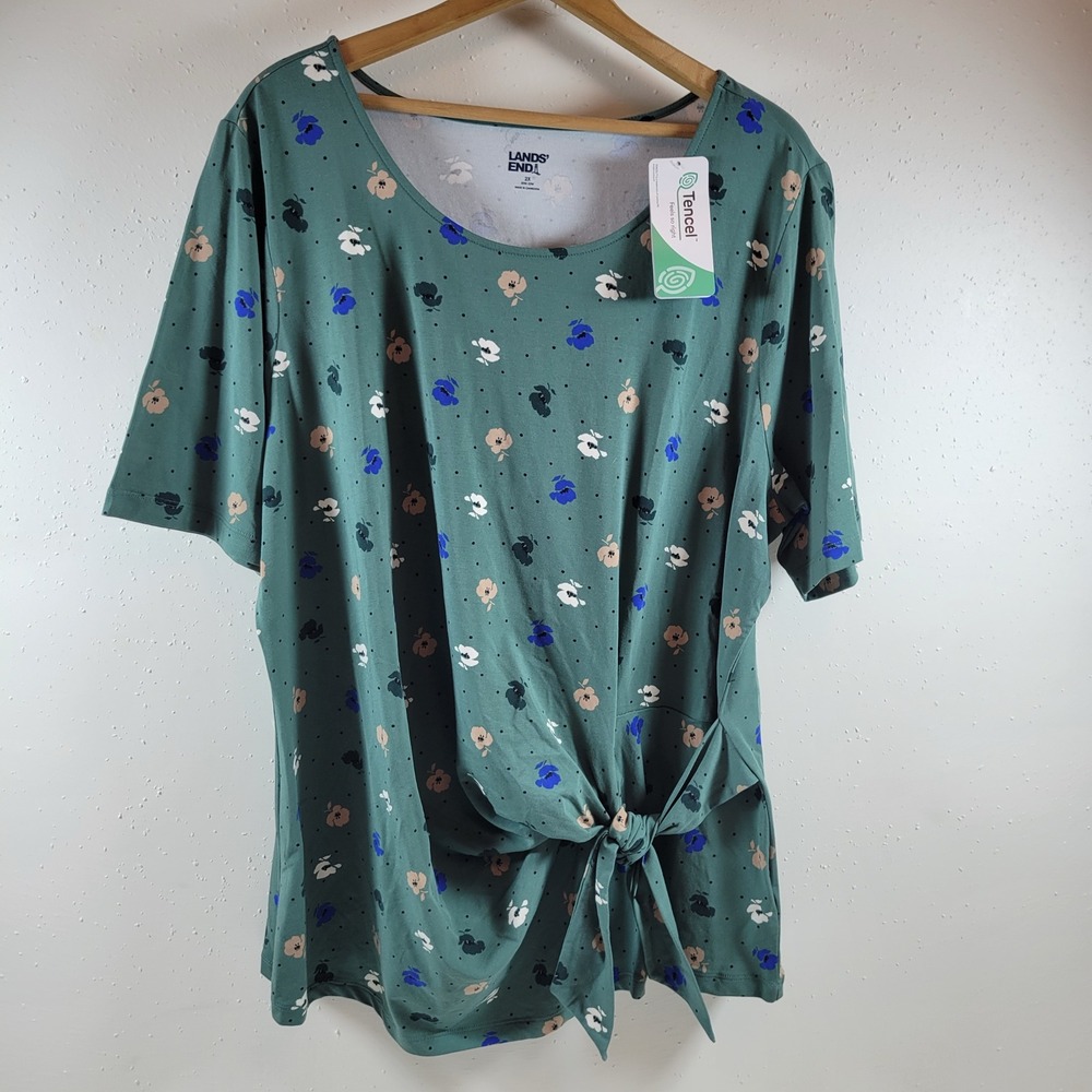 NWT Lands End Floral Side Tie Top Women 2X Green Tencel Modal Short Sleeve Shirt
